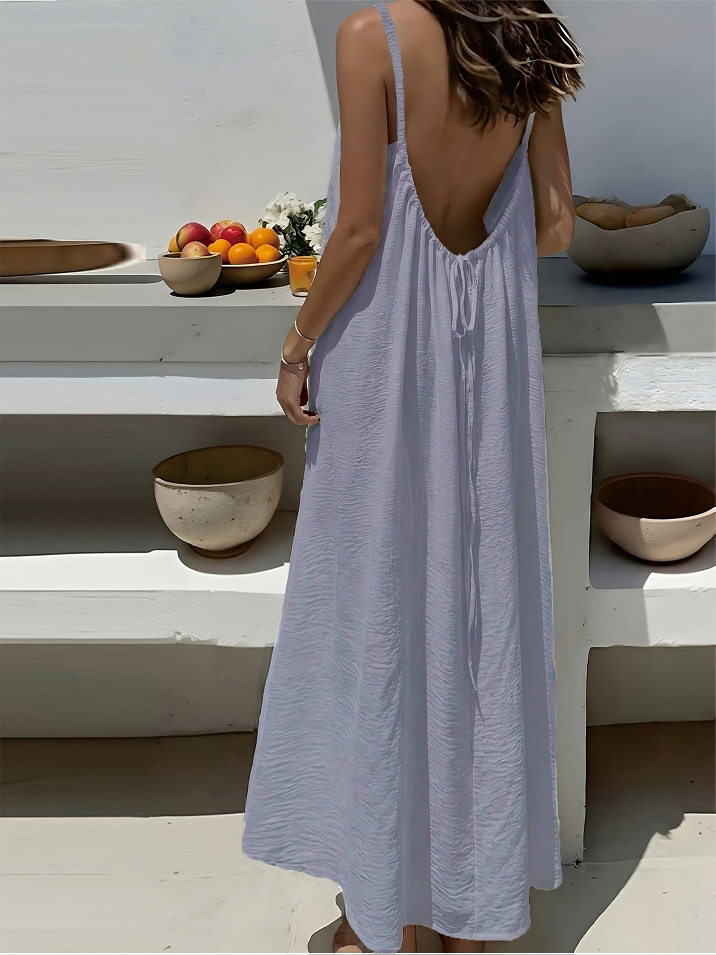 Vestido Maxi Texturizado Sin Espalda para Mujeres con Tirantes de Espagueti y Cuerda, Estilo Bohemio Fluyente