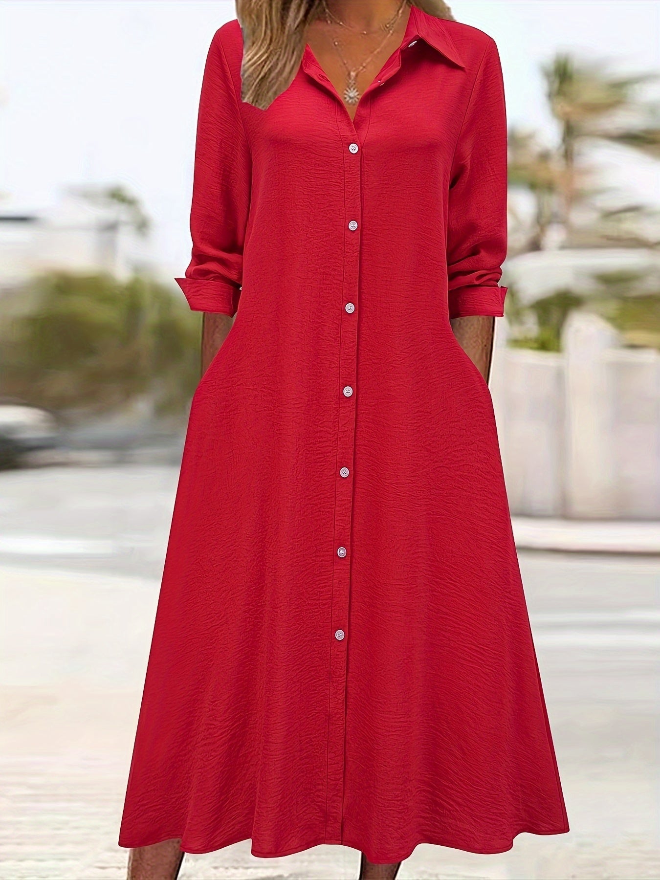 Vestido Camisa Elegante de Botones Frontal para Mujeres con Cuello y Manga Larga Estilo A Linea Fluyente