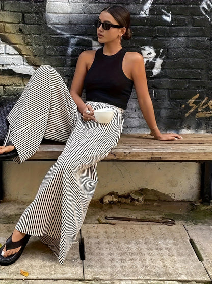 Pantalones Anchos de Rayas Melocotón para Mujeres con Cintura Alta y Cinturilla Elástica, Estilo Fluido y Relajado