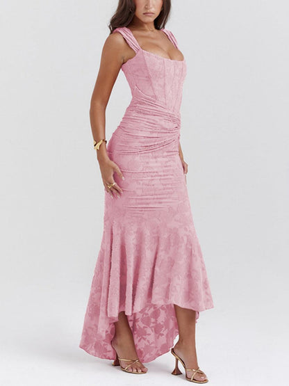 Vestido de Sirena Elegante de Encaje para Mujeres con Escote Cuadrado, Sin Mangas, Corsé, y Detalles Fruncidos para Invitadas a Bodas