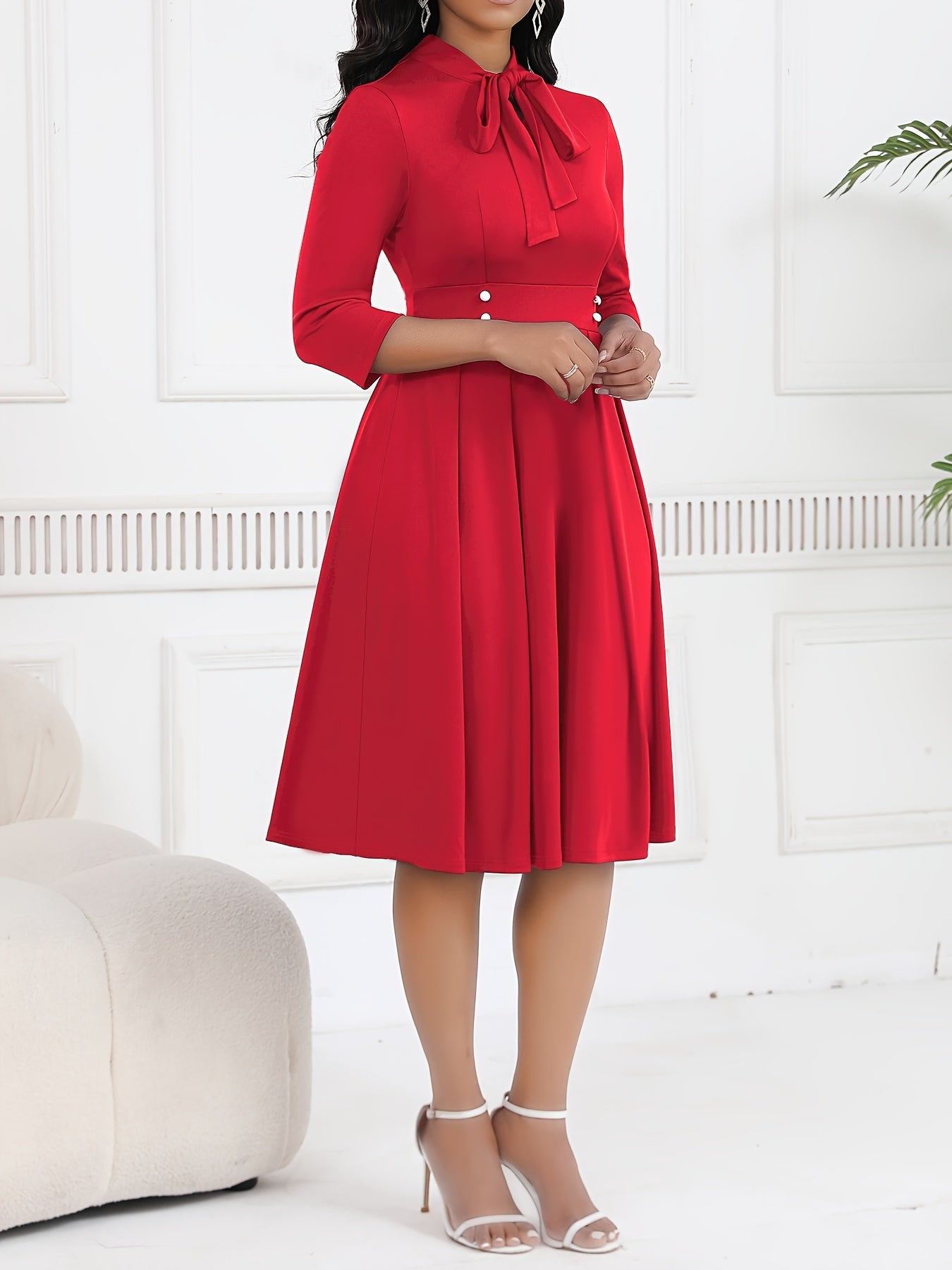 Vestido Midi Elegante con Lazo para Mujeres con Cuello Alto, Manga de Codo y Estilo Plisado