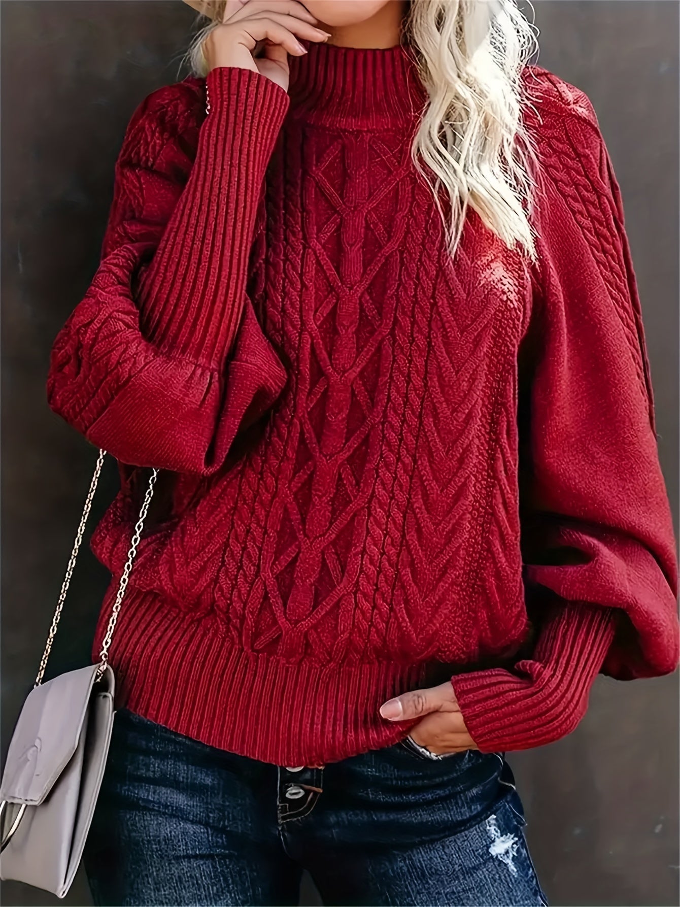 Suéter de Punto Trenzado Cómodo para Mujeres con Cuello Alto, Mangas Globo y Estilo Oversized Relajado