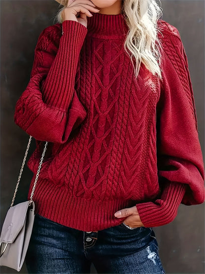 Suéter de Punto Trenzado Cómodo para Mujeres con Cuello Alto, Mangas Globo y Estilo Oversized Relajado