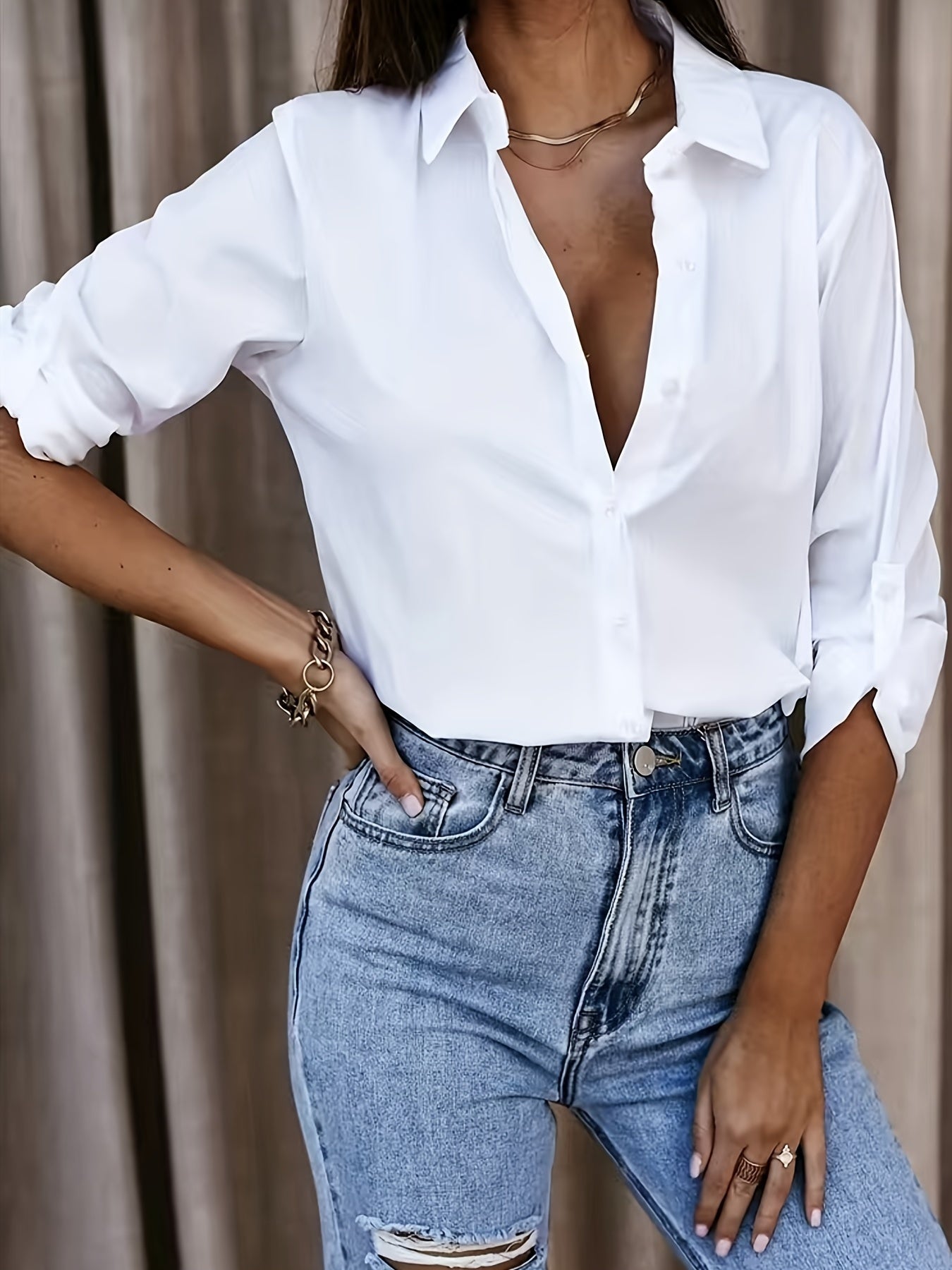 Blusa Blanca de Algodón para Mujeres Sin Esfuerzo con Cuello, Manga de Codo, Estilo Relajado y Oversized