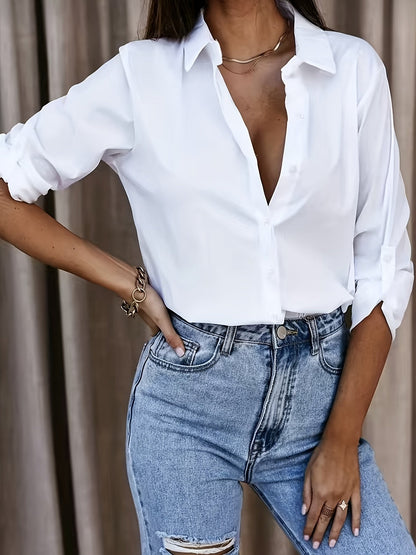 Blusa Blanca de Algodón para Mujeres Sin Esfuerzo con Cuello, Manga de Codo, Estilo Relajado y Oversized
