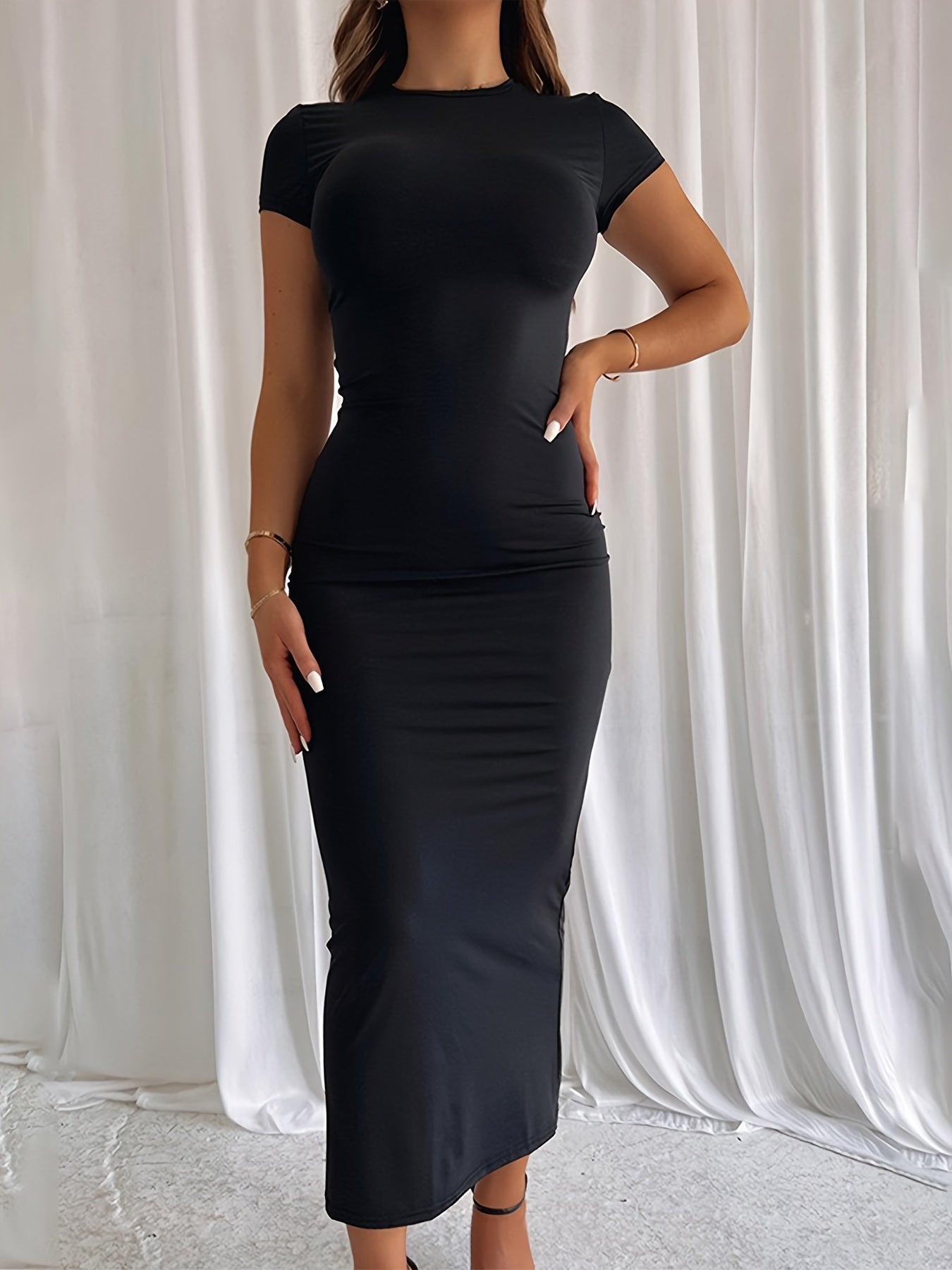 Vestido Maxi Bodycon Elegante para Mujeres con Cuello Redondo, Manga Corta, Estilo Casual Ajustado