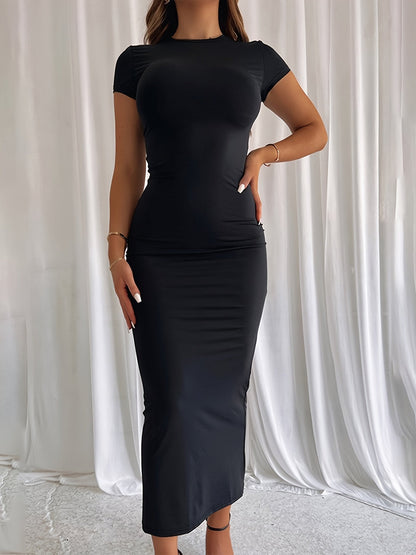 Vestido Maxi Bodycon Elegante para Mujeres con Cuello Redondo, Manga Corta, Estilo Casual Ajustado