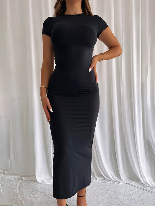 Vestido Maxi Bodycon Elegante para Mujeres con Cuello Redondo, Manga Corta, Estilo Casual Ajustado