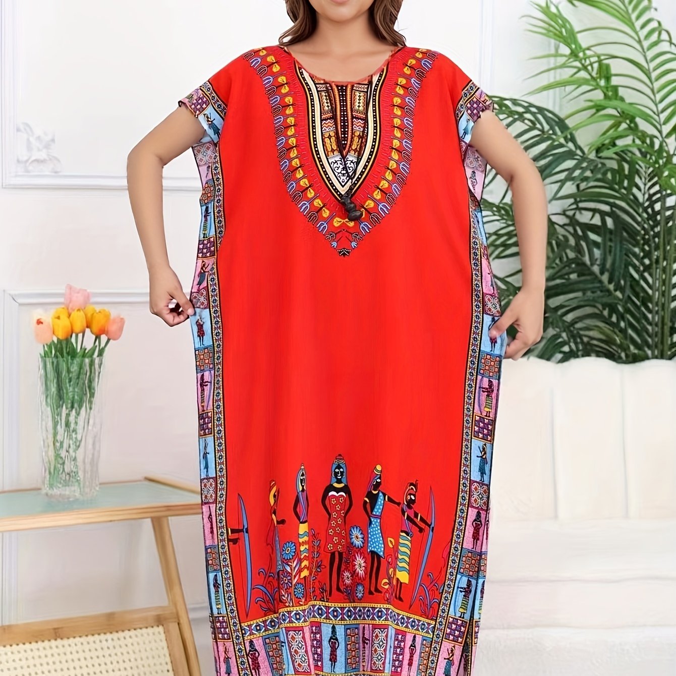 Vestido Kaftán de Impresión Tribal Sin Esfuerzo para Mujeres con Escote en V y Manga Corta Estilo Bohemio