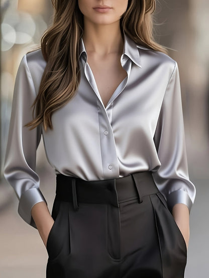 Blusa de Satén Elegante para Mujeres con Cuello, Manga Larga y Botones, Estilo Relajado y Sedoso