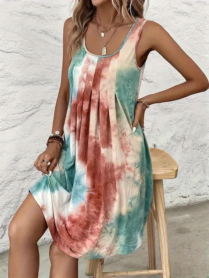 Vestido Mini Tie Dye Sin Esfuerzo para Mujeres con Escote Redondo, Sin Mangas y Frontal Plisado Estilo Bohemio