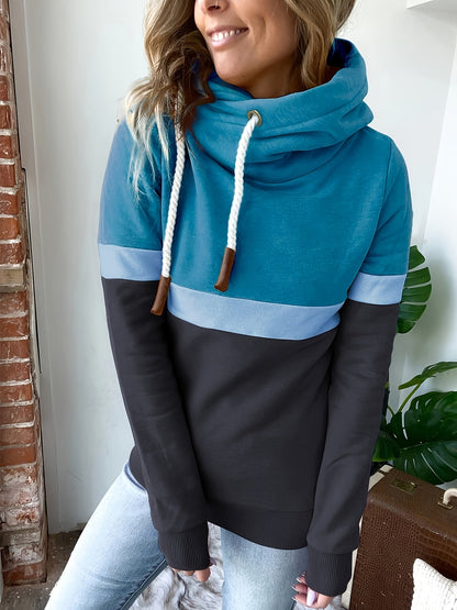 Sudadera Colorblock Cómoda para Mujeres con Cuello de Cowl, Manga Larga, Capucha, Estilo Oversized de Tejido