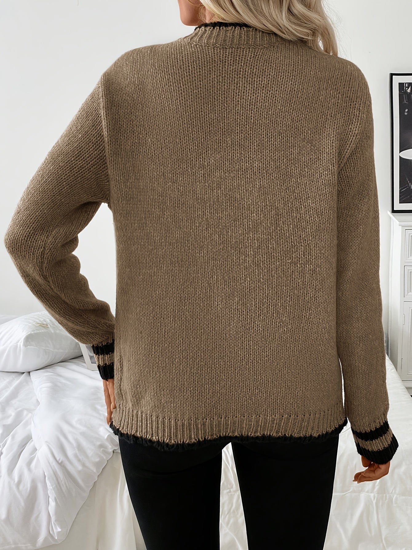 Suéter Cardigan de Contraste Cómodo para Mujeres con Cuello en V, Manga Larga y Botones en la Parte Frontal, Estilo de Punto Acanalado