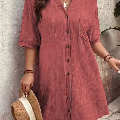 Vestido Camisero de Algodón Texturizado Sin Esfuerzo para Mujeres con Cuello en V, Manga Corta y Botones, Estilo Casual Relajado