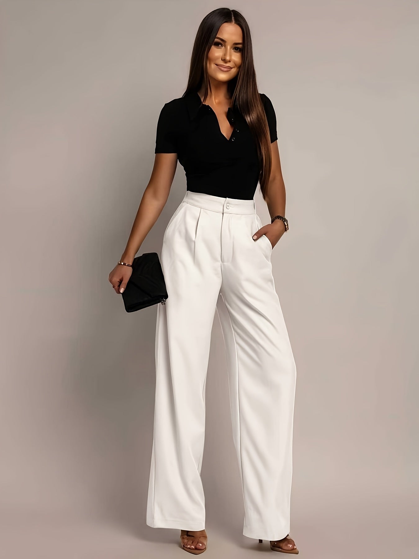 Pantalones de Pierna Ancha Sin Esfuerzo para Mujeres con Cintura Alta y Frente Plisado en Estilo Relajado y Ajustado