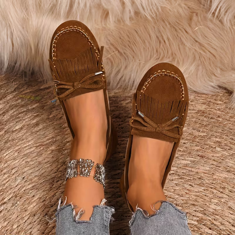 Zapatos de Casa Cómodos para Mujeres con Moño de Flecos Estilo Mocasín Sin Cordones