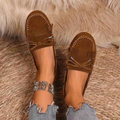 Zapatos de Casa Cómodos para Mujeres con Moño de Flecos Estilo Mocasín Sin Cordones
