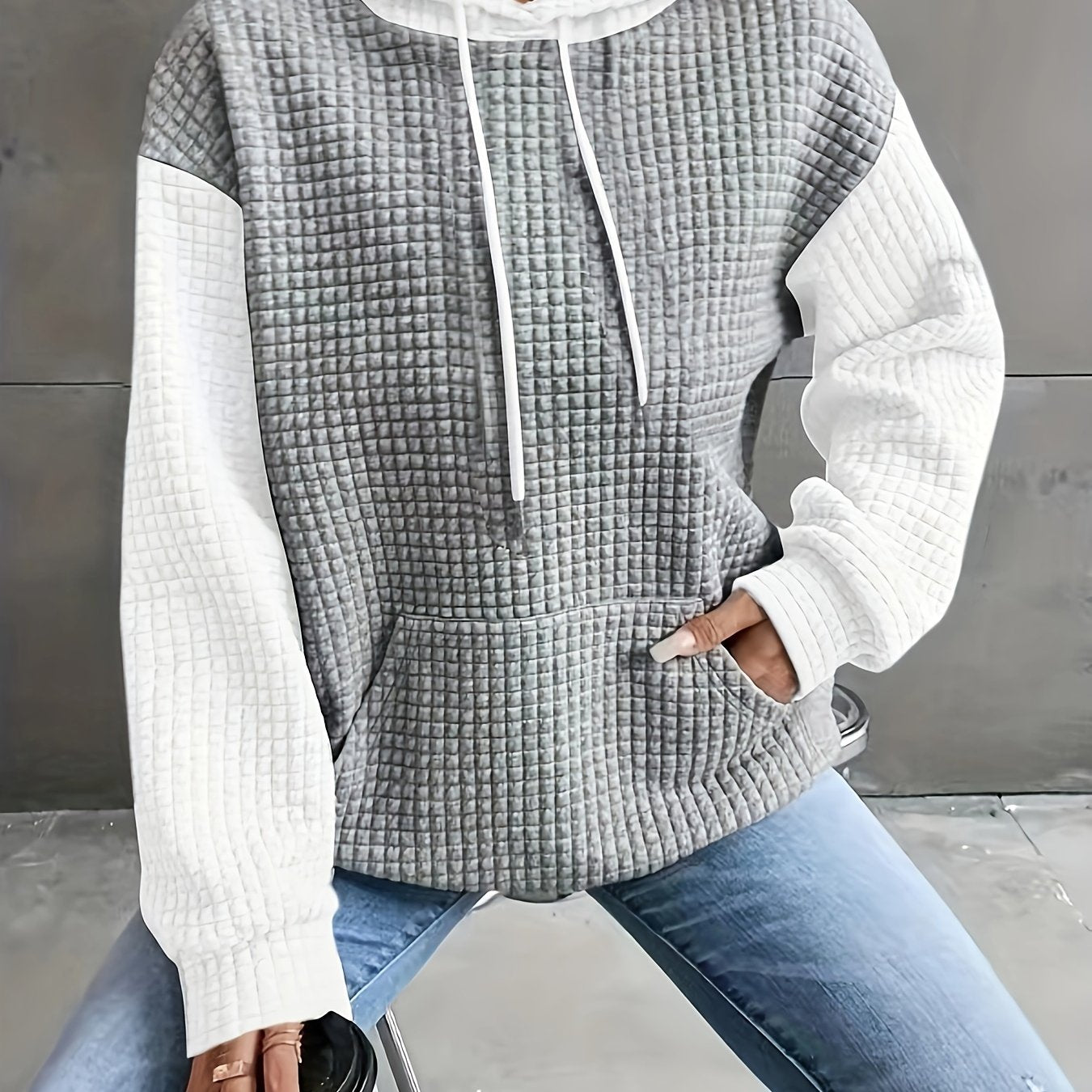 Sudadera de punto waffle color bloque cómoda para mujeres con capucha ajustable, manga larga y bolsillo canguro, estilo oversized
