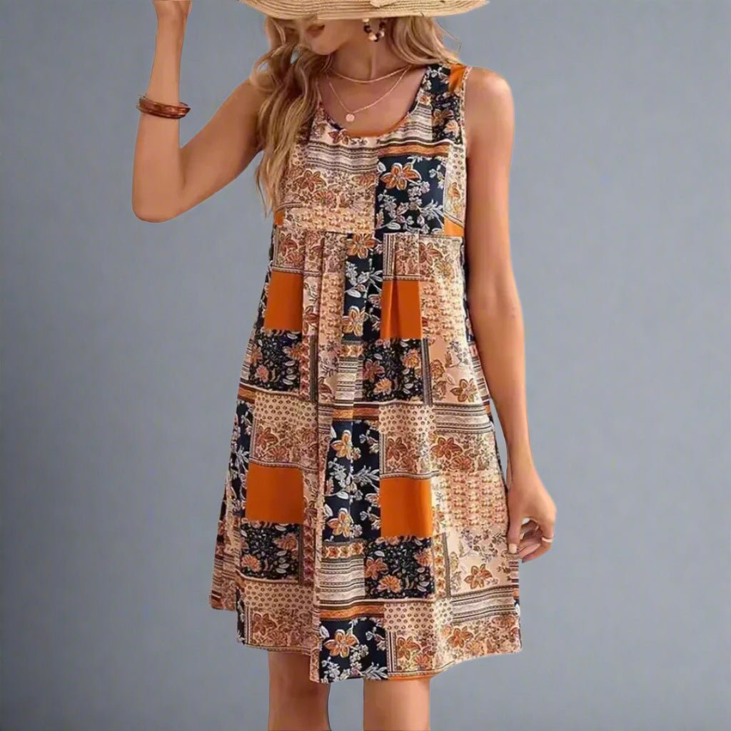 Vestido Mini Floral de Patchwork sin Esfuerzo para Mujeres con Escote Redondo, Sin Mangas, Plisado, Estilo Boho