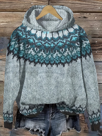Suéter Cómodo Fair Isle para Mujeres con Capucha y Manga Larga Relajada de Estilo Oversized