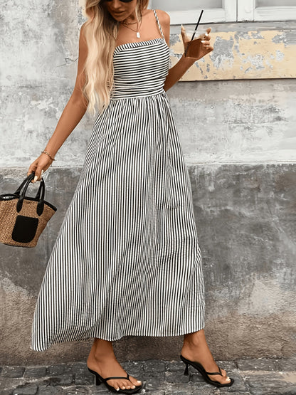 Vestido Maxi Elegante de Rayas Negras para Mujeres con Escote Cuadrado Sin Mangas Estilo Alto-Bajo