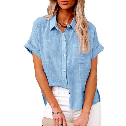 Blusa de Lino Sin Esfuerzo para Mujeres con Cuello, Manga Corta, Botones en la Parte Frontal, Estilo Alto-Bajo
