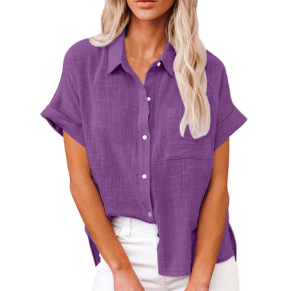 Blusa de Lino Sin Esfuerzo para Mujeres con Cuello, Manga Corta, Botones en la Parte Frontal, Estilo Alto-Bajo