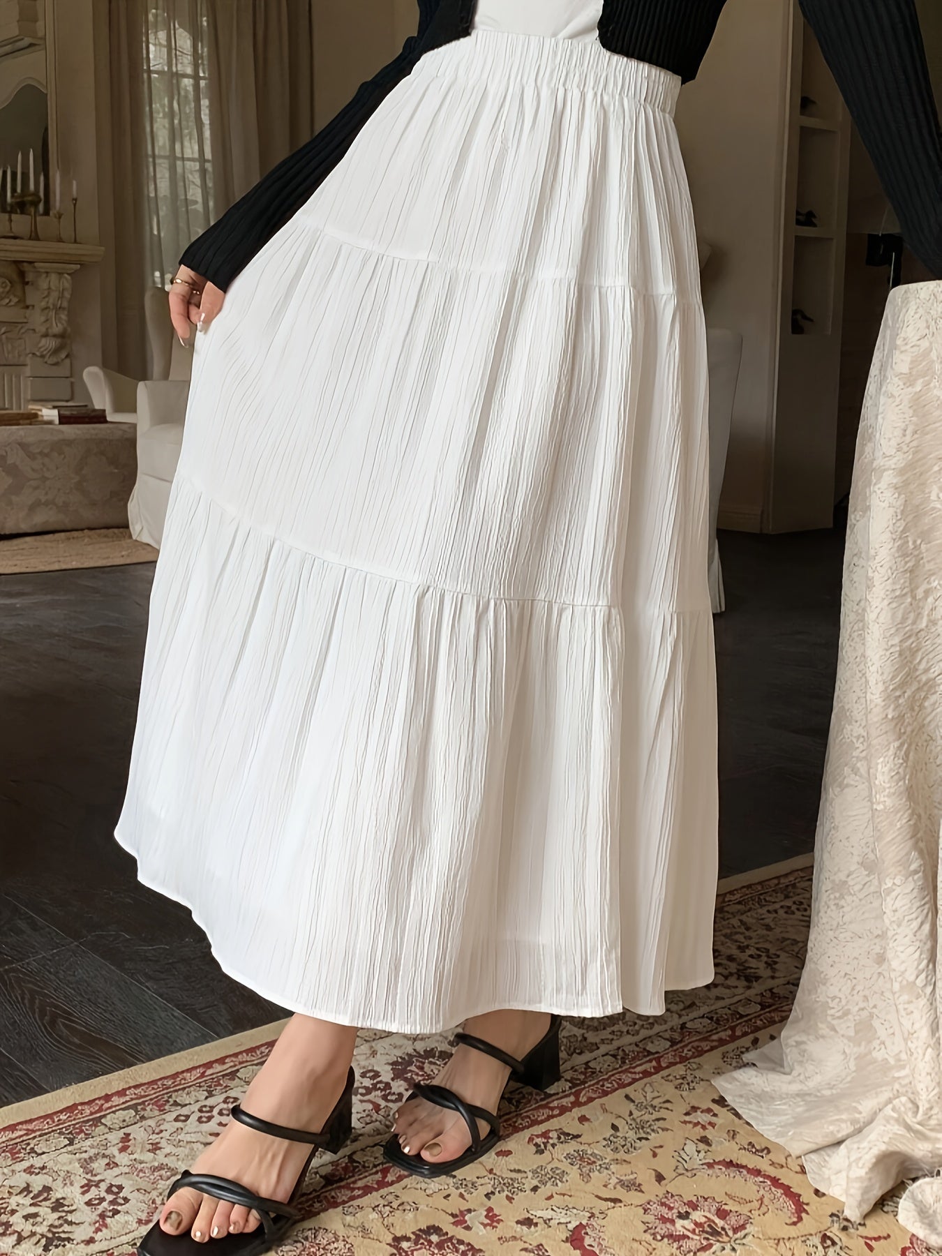 Falda Maxi Blanca de Capas Elegante para Mujeres con Cintura Alta Elástica Estilo A Line Fluyente