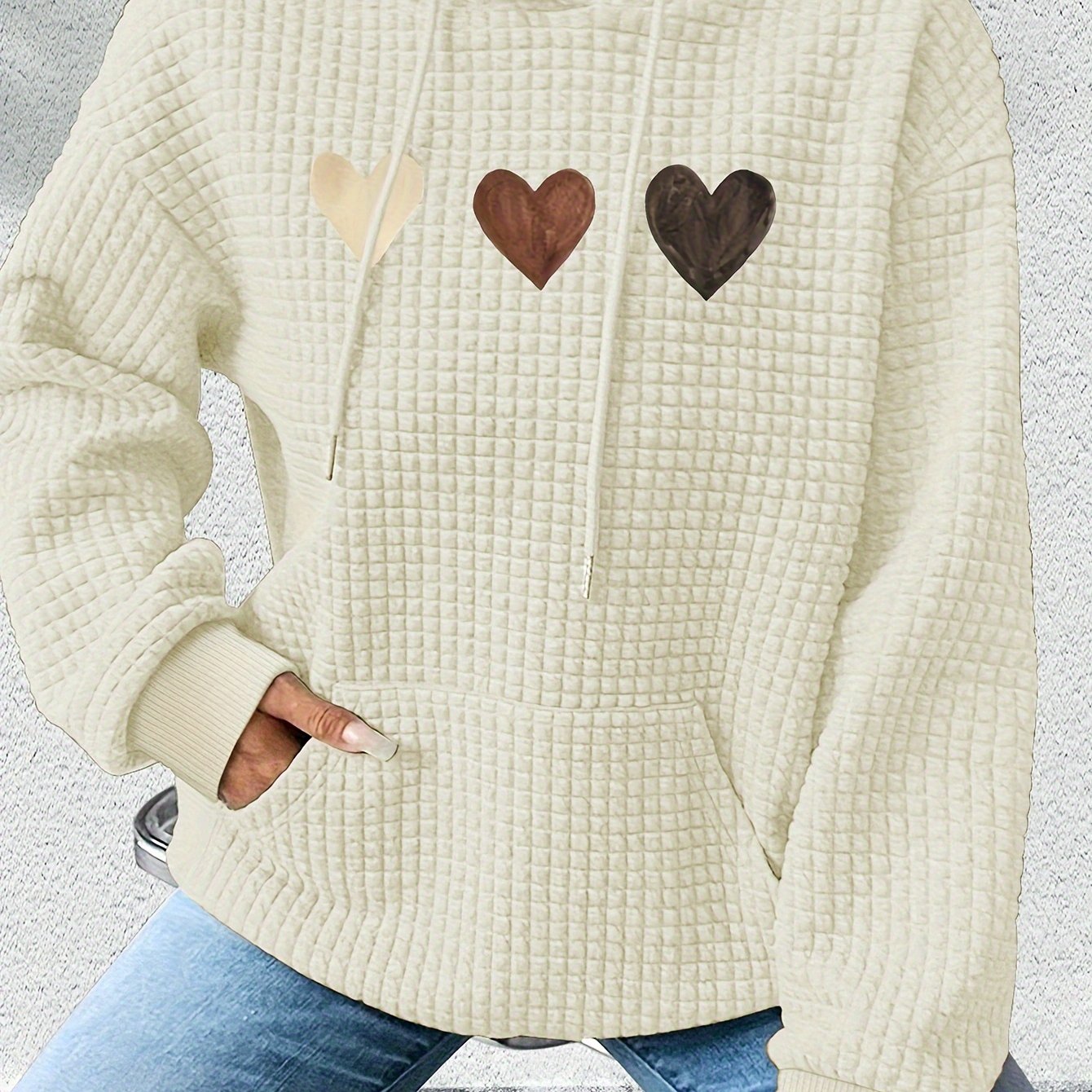 Sudadera de punto waffle con estampado de corazones cómoda para mujeres, con capucha, mangas largas y bolsillo canguro, estilo oversized
