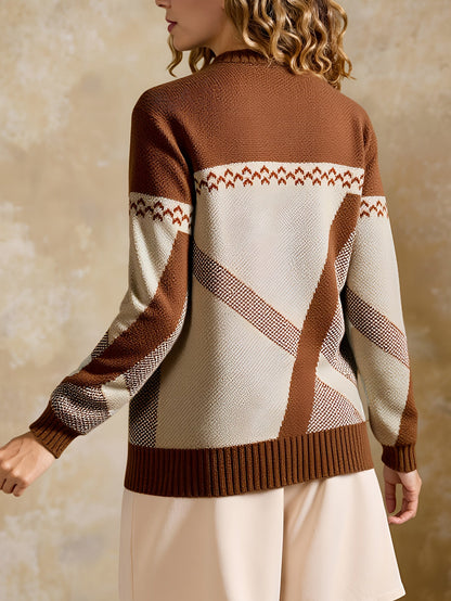 Suéter Geométrico Colorblock Cómodo para Mujeres con Cuello Redondo, Manga Larga, Estilo Relajado y Oversized