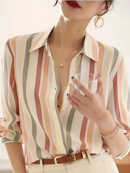Blusa de Chifón Rayada Sin Esfuerzo para Mujeres con Cuello, Manga Larga, Botones Frontales y Estilo Sedoso Relajado