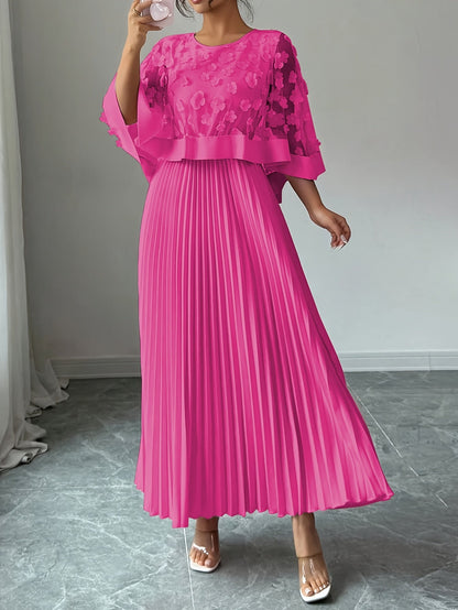 Elegante Vestido Largo Plisado Floral para Mujeres con Cuello Redondo y Manga Capa con Apliques, Estilo Formal para Invitadas de Boda