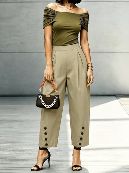 Pantalones Anchos de Caqui para Mujeres con Cintura Alta y Detalles de Botones Plisados