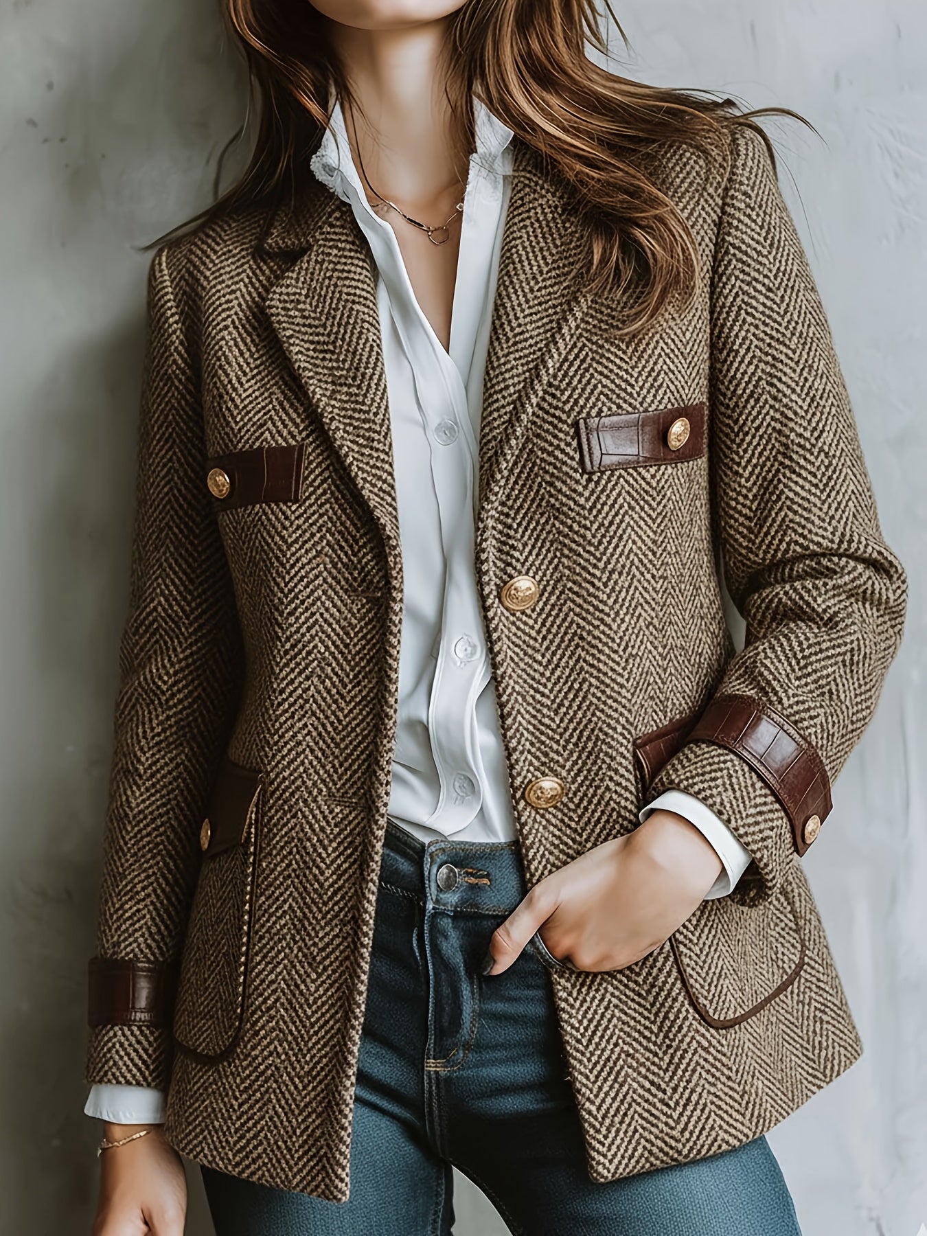 Blazer Elegante de Tweed Herringbone en Caqui para Mujeres con Cuello de Solapa y Mangas Largas con Detalles de Cuero y Botones Dorados