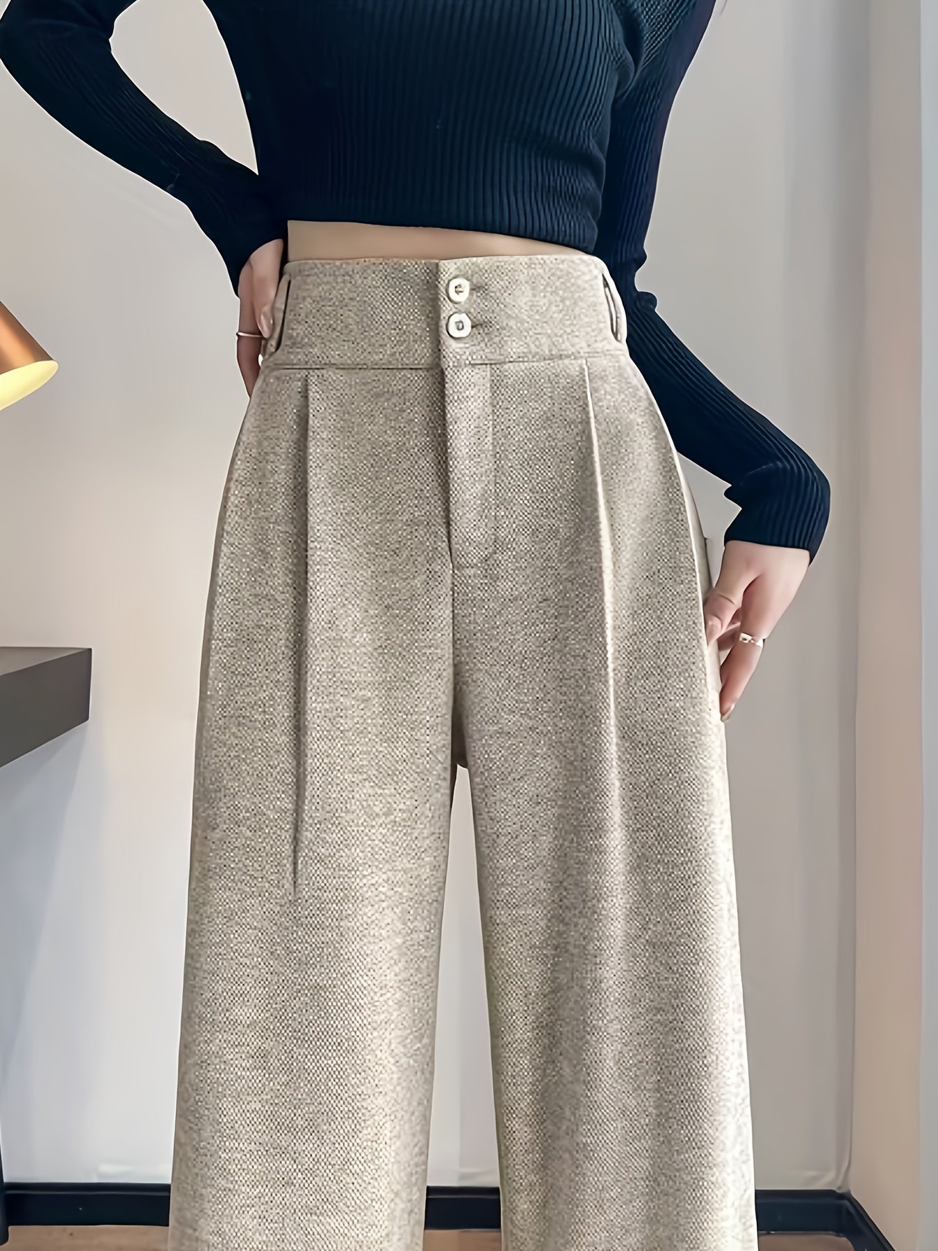 Pantalones Elegantes de Pierna Ancha en Pata de Gallo para Mujeres con Cintura Alta y Cierre de Botón Frontal con Pliegues