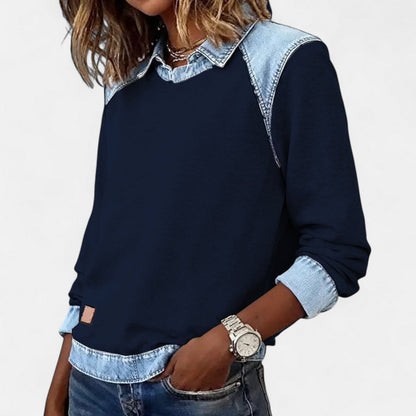 Sudadera de Denim Cómoda con Cuello en Capas para Mujeres, Manga Larga, Estilo Casual a Rayas