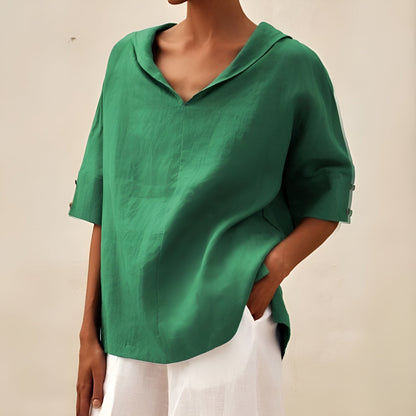 Blusa de Lino Sin Esfuerzo para Mujeres con Cuello en V, Manga Corta, Estilo Relajado y Oversized
