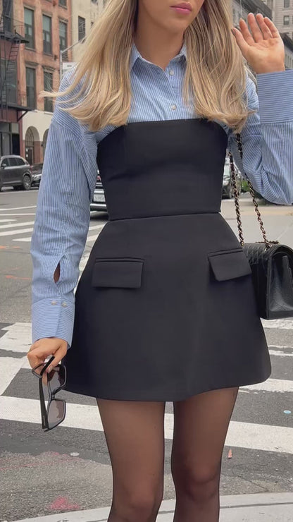 Elegante Vestido Mini Estructurado para Mujeres con Ajuste Sin Tirantes y Falda Acampanada con Bolsillo de Solapa Estilo Cóctel