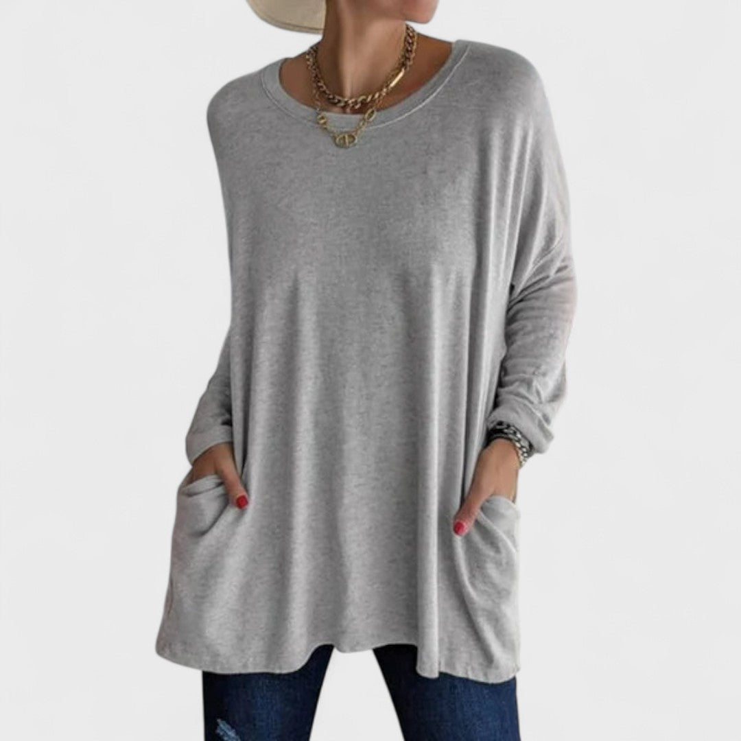 Túnica Oversized Sin Esfuerzo para Mujeres con Cuello Redondo, Manga Larga, Bolsillos Laterales y Estilo Relajado