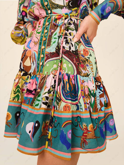 Vestido Mini Impreso Multicolor para Mujeres con Cuello Alto, Mangas Globo y Cinturón de Estilo Bohemio