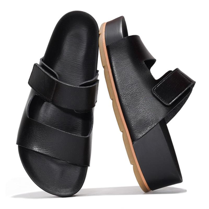 Sandalias Deslizantes Cómodas para Mujeres con Plataforma de Corcho de Doble Correa Tejida y Punta Abierta