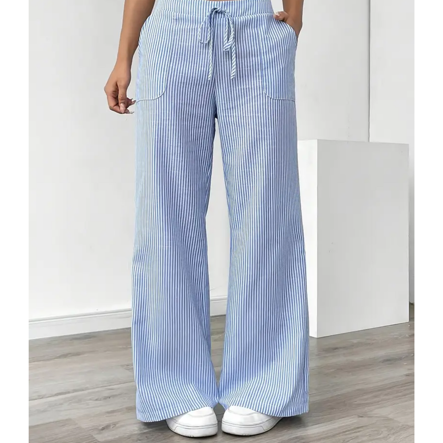 Pantalones Anchos a Rayas para Mujeres con Cintura Alta y Cuerda, Estilo Casual Relajado