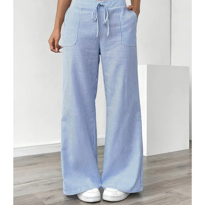 Pantalones Anchos a Rayas para Mujeres con Cintura Alta y Cuerda, Estilo Casual Relajado