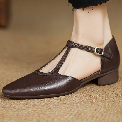 Elegantes Flats de Cuero con Estampado de Cocodrilo y T-Strap para Mujeres con Punta Afilada y Tacón Bloque