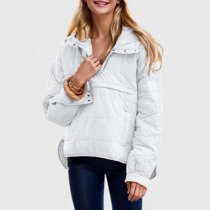 Chaqueta acolchada cómoda para mujeres con capucha, cierre de botones en la parte delantera, manga larga y dobladillo asimétrico de estilo casual
