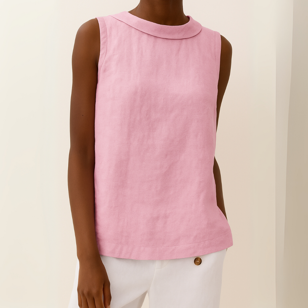 Blusa de Lino Sin Esfuerzo para Mujeres con Cuello Drapado, Sin Mangas y Dobladillo Curvo, Estilo Casual
