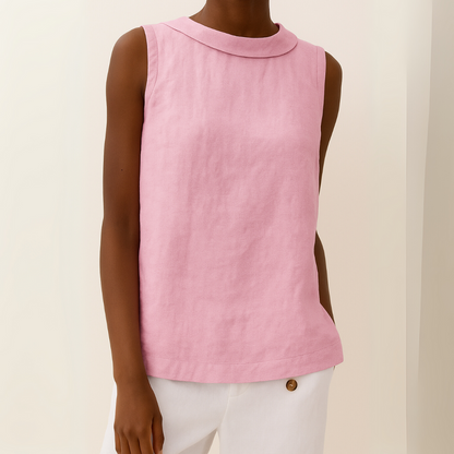 Blusa de Lino Sin Esfuerzo para Mujeres con Cuello Drapado, Sin Mangas y Dobladillo Curvo, Estilo Casual