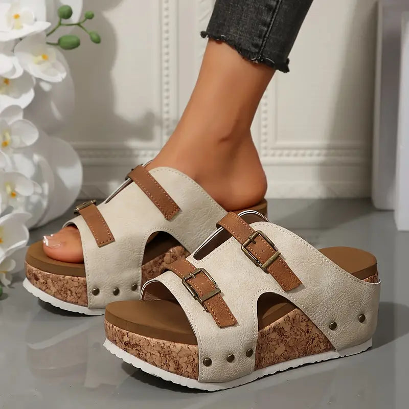 Sandalias de plataforma beige cómodas para mujeres con doble correa y hebilla, suela de corcho y estilo de punta abierta