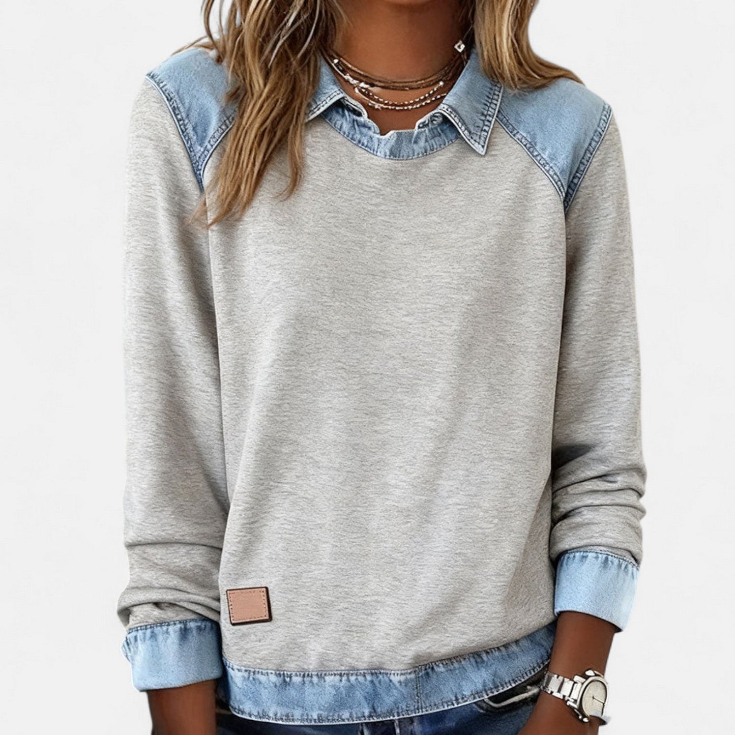 Sudadera de Denim Cómoda con Cuello en Capas para Mujeres, Manga Larga, Estilo Casual a Rayas