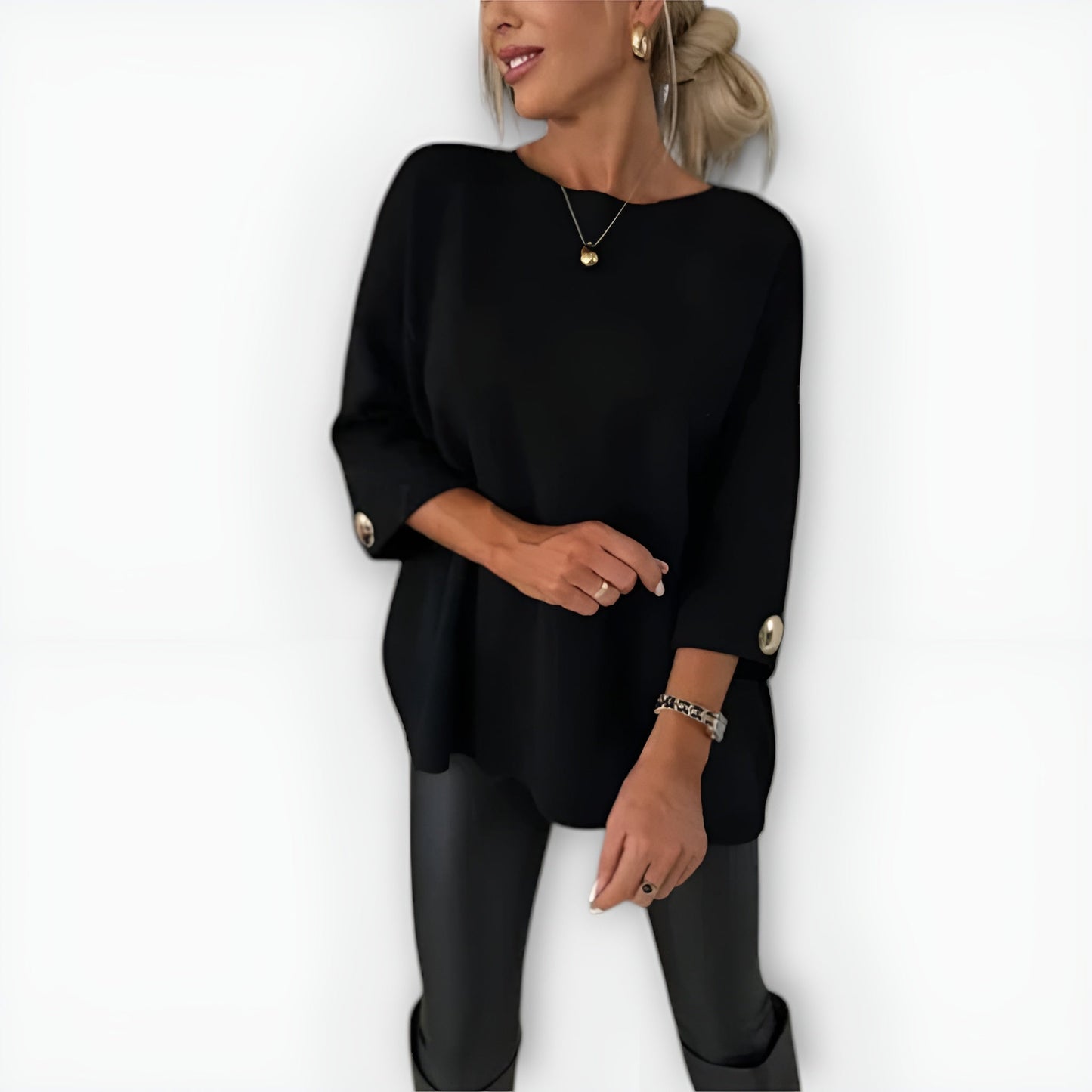 Suéter de Punto Cómodo para Mujeres con Cuello Redondo, Manga de Codo, Puño con Botón, Estilo Oversized